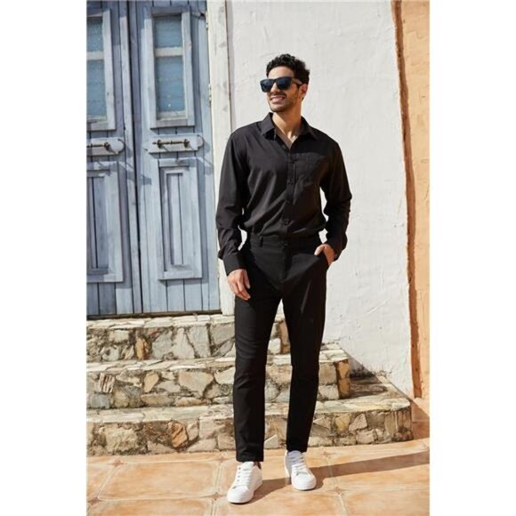 Men's Slim Fit Dress‎ Pants - Casual Business, Skinny Stretch, Golf Pants, Black - Picture 2 of 6